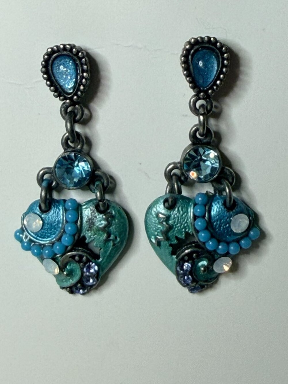 Heart Dangle Earrings w/ Faux Blue Crystal Gems Beads Statement